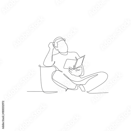 Pensive reader absorbed in book, minimalist line art for modern lifestyle designs, thoughtful expression, promoting relaxation and mindful living