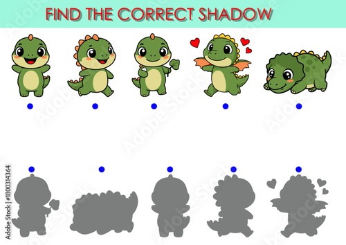 Cute baby dinosaur shadow matching puzzle for kids, fun educational logic game for early childhood development and shape recognition, colorful learning worksheet