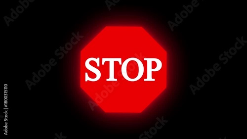 Glowing neon stop sign animation on black background.