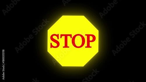 Glowing neon yellow stop sign icon animation on black background.