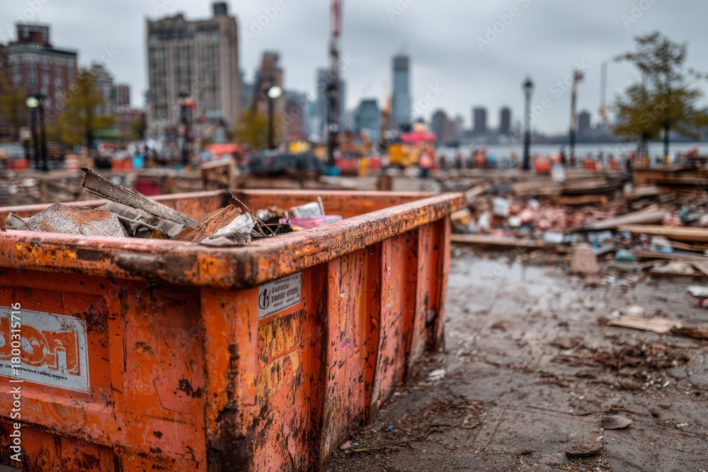 Naklejka premium Orange Construction Dumpster Filled with Urban Debris