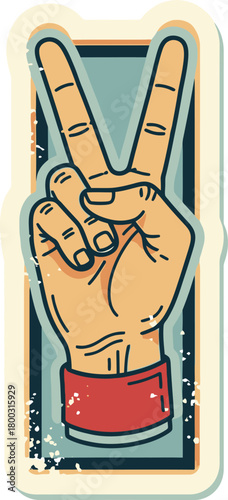 Vintage style peace sign hand gesture sticker representing harmony and victory.