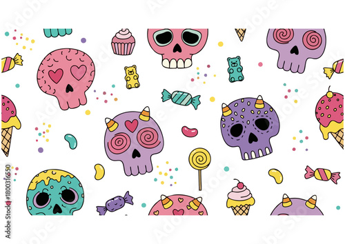 Colorful skull illustration with psychedelic elements and abstract shapes on a black background