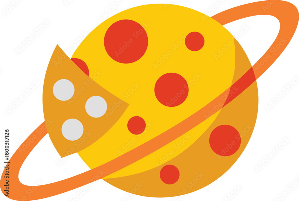 Fototapeta premium Stylized planetary body resembling a vibrant yellow cheese with red spots and a distinct, orbiting orange ring, featuring a wedge-shaped bite revealing white holes, rendered as a playful graphic icon.
