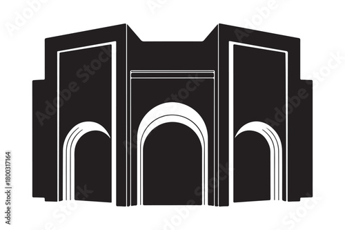 Stylized black and white architectural facade with arched entrances