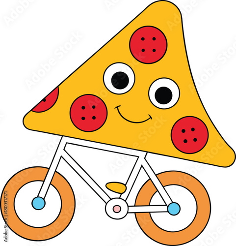 Cartoon smiling pizza slice character riding a bicycle illustration, vibrant colors and playful design, perfect for children's content, food delivery concepts, or healthy eating campaigns, isolated ve