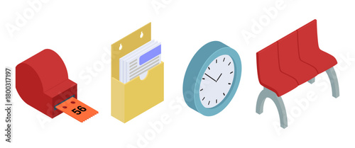 Waiting room elements. Ticket dispenser, brochure holder, wall clock and chairs. Hand drawn isometric vector illustration.