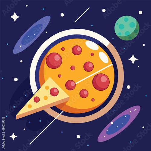 Whimsical cosmic pizza planet illustration featuring a pepperoni and cheese surface, an orbiting pizza slice moon, surrounded by vibrant stars, distant galaxies, and a bright green planet, a playful s