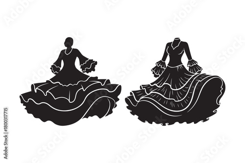 Silhouettes of flamenco dancers in elaborate dresses