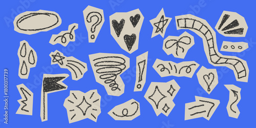 Hand drawn crayon doodle elements set. Torn paper collage stickers vector. Creative scrapbook doodles. Expressive scribble marks collection. Heart spark bow drop arrow star shapes