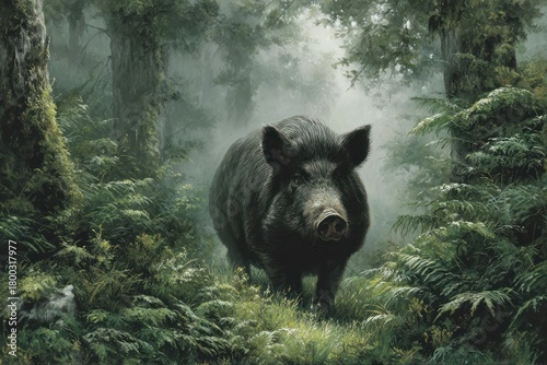 Plump Black Pig Standing in a Misty Forest Setting