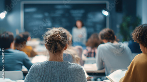 University students attending classroom lecture from back view