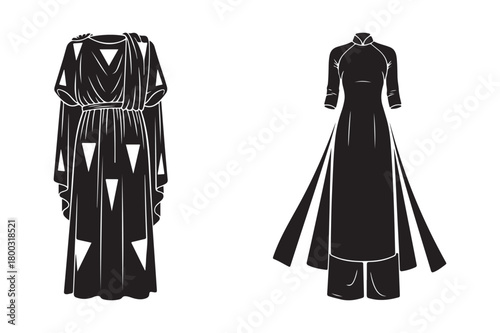 Two elegant black traditional outfits with flowing silhouettes