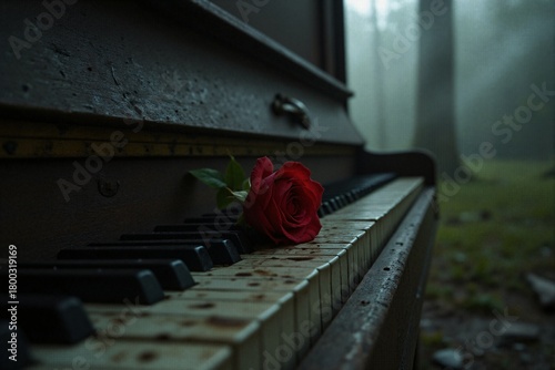 A rose lying on the keys of an old piano