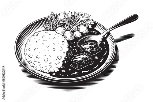 Hand drawn sketch of japanese curry with rice and spoon