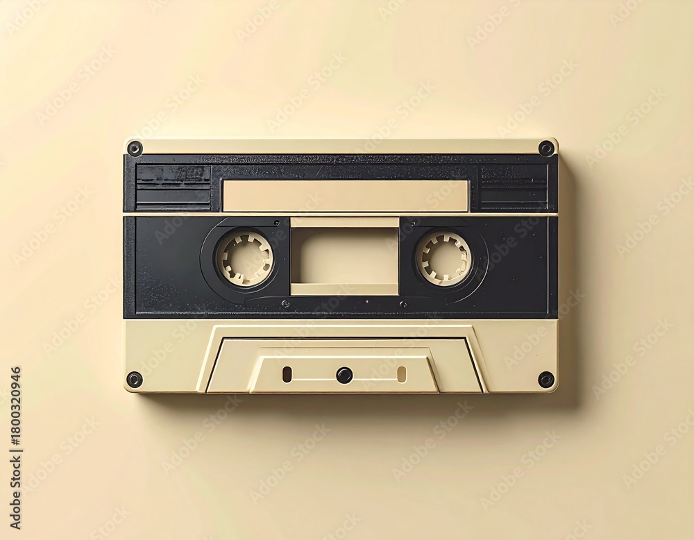 Fototapeta premium Vintage audiocassette in close view, detailed look at classic analog music tape for retro, nostalgia and old audio technology themes.