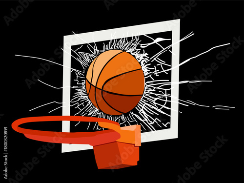 A basketball breaking through a backboard on a black background. Vector illustration of basketball symbolizing the strength and power of the sport.