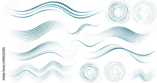 Abstract graphic elements: wavy dot patterns and concentric circles on white