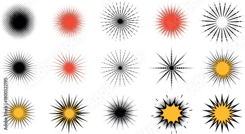 Collection of fifteen radial burst design elements in black, red, and yellow