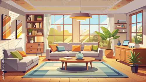 Very beautiful staged living room interior featuring a modern new-home layout, elegant furniture arrangement, large sunlit windows, soft neutral tones, cozy décor accents, and a warm, inviting atmosph