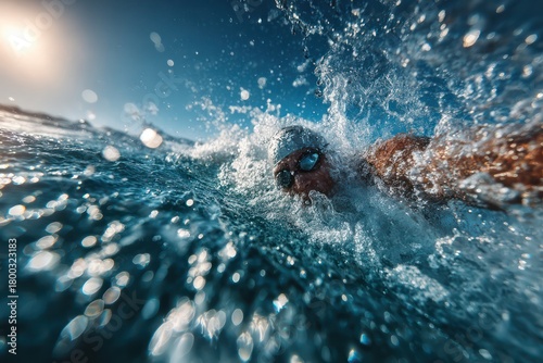 Athlete in Open Water: Crawl Stroke on Sunny Blue Ocean
