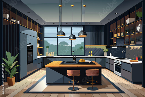 Beautiful open plan matte black kitchen with modern kitchen island, contemporary dining, stylish interior design, elegant architectural arrangement and minimal beauty of stylish home for luxury living
