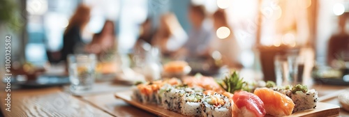 A plate of sushi is on a table in a living room
