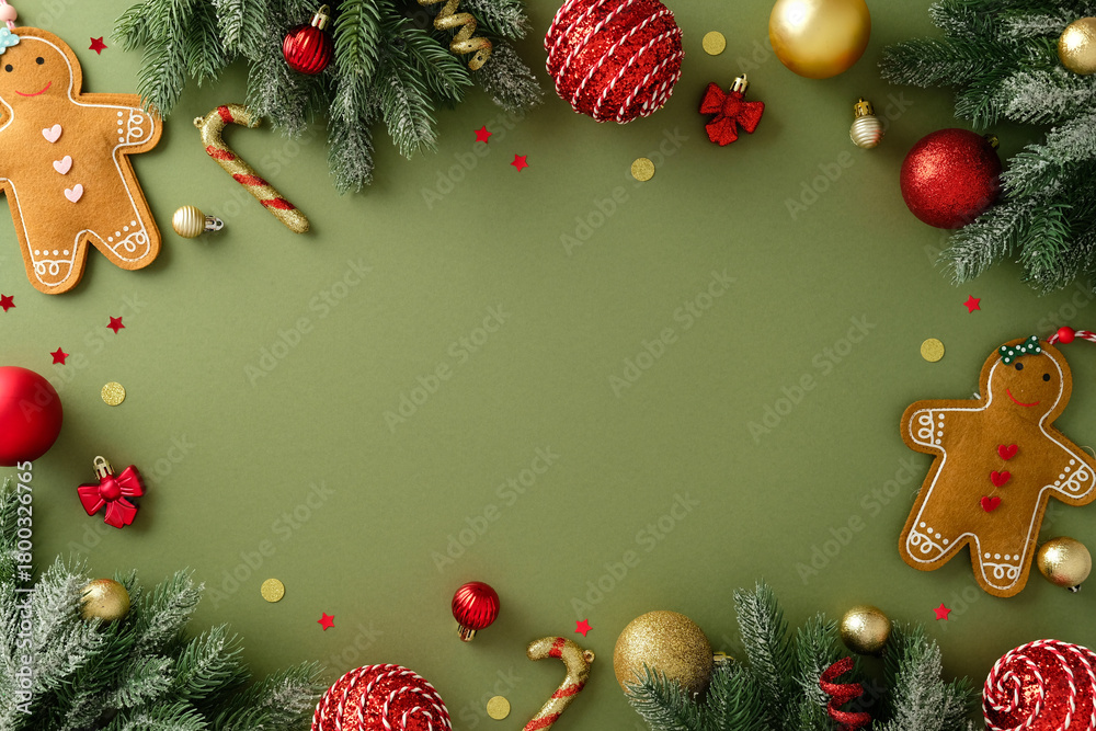 Fototapeta premium Christmas background. Border with lush pine branches, sweet gingerbread man figures, sparkling red and gold baubles, and candy canes, creating a festive frame around an empty green center.