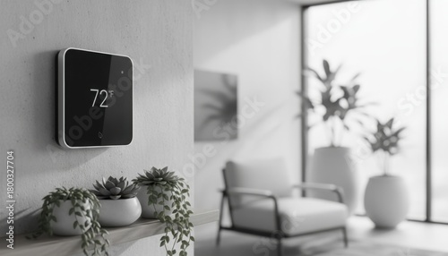 Modern home interior featuring sleek smart thermostat displaying temperature in calm minimalist setting. Scene reflects comfort, automation and contemporary living