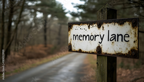 Sign shows memory lane writing on wooden post. Concept of nostalgia and reminiscence. Road curves far away. Time concept