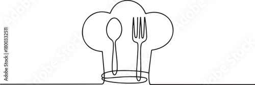 Continuous Line Drawing Chef Hat Spoon Fork Emblem. one line Icon drawing with white background