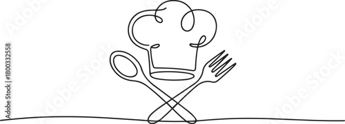 Continuous Line Drawing Chef Hat Spoon Fork Emblem. one line Icon drawing with white background