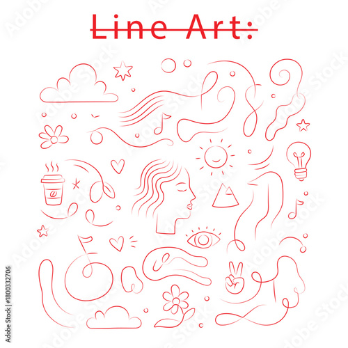 Abstract Hand-Drawn Doodle Line Art Set with Nature and Concept Elements. Everyday objects, coffee cup, light bulb. Ideal for use in branding, web design, social media graphics, educational materials.