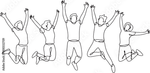 Continuous Hand Drawn Sketch of People Jumping with Joy. one line Icon drawing with white background