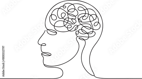 Continuous Line Drawing Person Complicated Brain. Overthinking Mental Overload Stress Vector Art. one line Icon drawing with white background