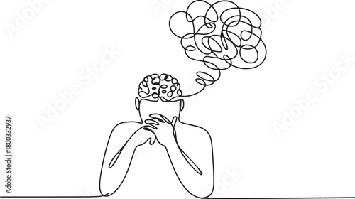 Continuous Line Drawing Person Complicated Brain. Overthinking Mental Overload Stress Vector Art. one line Icon drawing with white background
