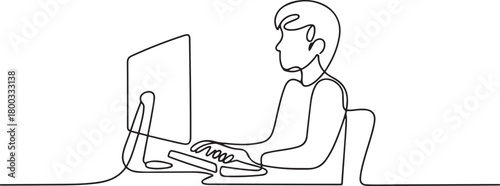 One Line Drawing of a Student Studying at a Computer Desk. one line Icon drawing with white background