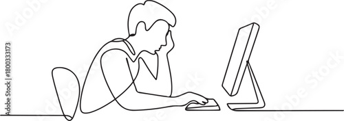 One Line Drawing of a Student Studying at a Computer Desk. one line Icon drawing with white background