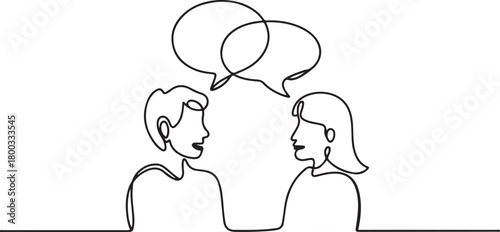 Continuous Line Drawing Two People Connected Speech Bubbles. one line Icon drawing with white background
