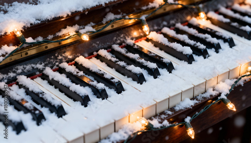 Piano keyboard covered with snow and tiny Christmas lights. Musical winter scene.