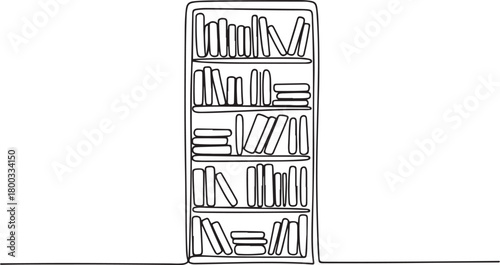 One Continuous Line Drawing of a Bookshelf Full of Books. one line Icon drawing with white background