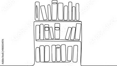 One Continuous Line Drawing of a Bookshelf Full of Books. one line Icon drawing with white background