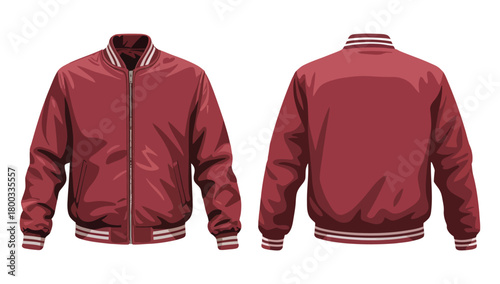 Classic red bomber jacket with white stripes, front and back views, isolated for fashion design and apparel mockups vector