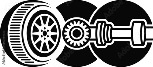 Automotive wheel gear and axle illustration featuring mechanical components, bold monochrome styling, and industrial engineering elements perfect for repair, workshop, and vehicle design themes.