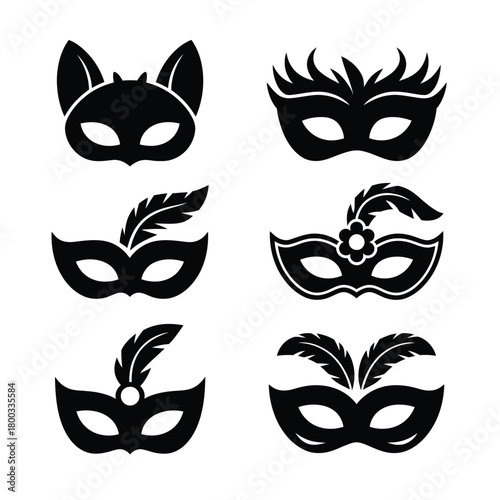 Collection of elegant black carnival and masquerade masks with feathers, flowers, and animal ears for party designs