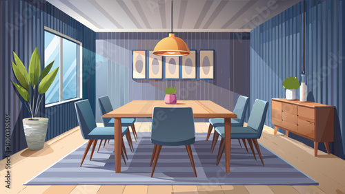 Very beautiful modern dining room featuring a warm wooden table paired with sleek black chairs, a minimalistic chandelier overhead, and a light gray wall providing a clean, elegant, and contemporary a