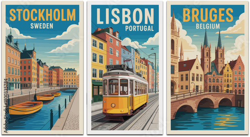 Vintage European city travel poster illustration featuring Stockholm canals, Lisbon tram streets, and Bruges medieval architecture in colorful retro tourism artwork.