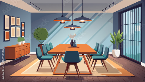 Very beautiful modern dining room featuring a warm wooden table paired with sleek black chairs, a minimalistic chandelier overhead, and a light gray wall providing a clean, elegant, and contemporary 