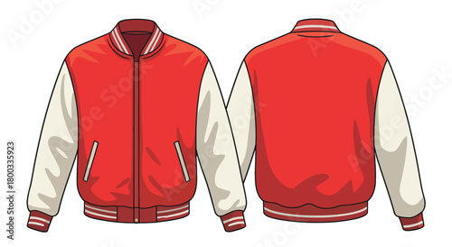Red and white varsity jacket illustration, front and back view, classic school uniform design element.