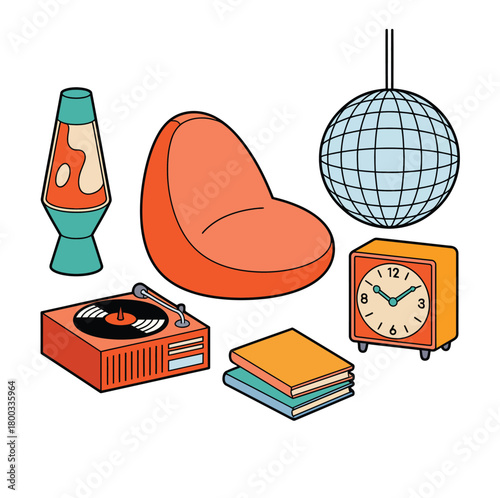 Retro 70s home decor illustration with lava lamp, bean bag chair, disco ball, record player and clock.